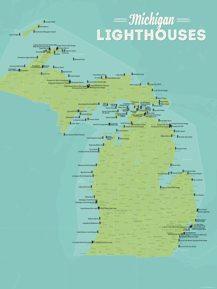 Michigan Lighthouses Map Checklist Poster - green & aqua