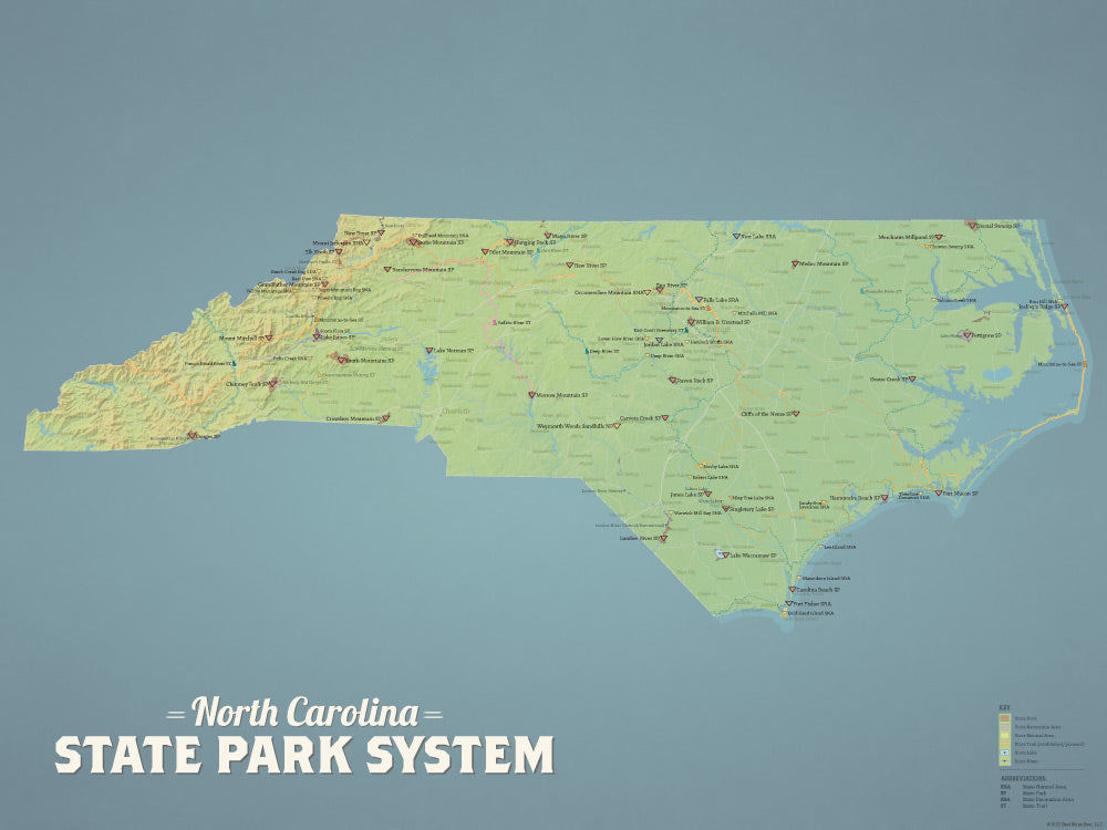 North Carolina State Park System Map Poster - natural earth