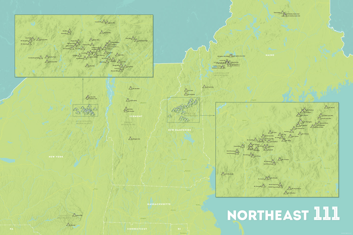 Northeast 111 4000 Footers Map Poster - green & aqua