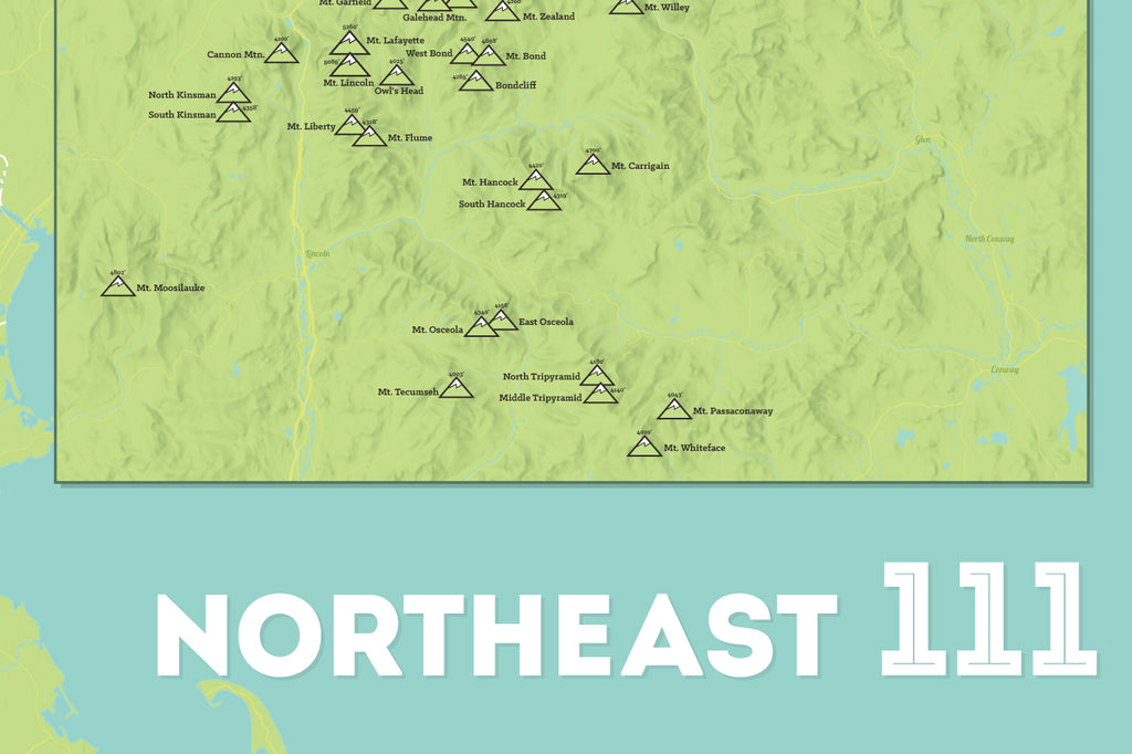 Northeast 111 4000 Footers Map Poster - green & aqua