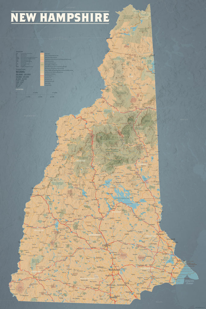 New Hampshire State Wall Map 24x36 Poster - tan & slate blue