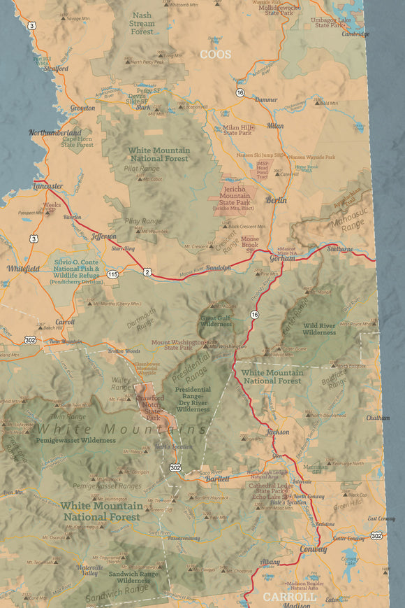 New Hampshire State Wall Map 24x36 Poster - tan & slate blue