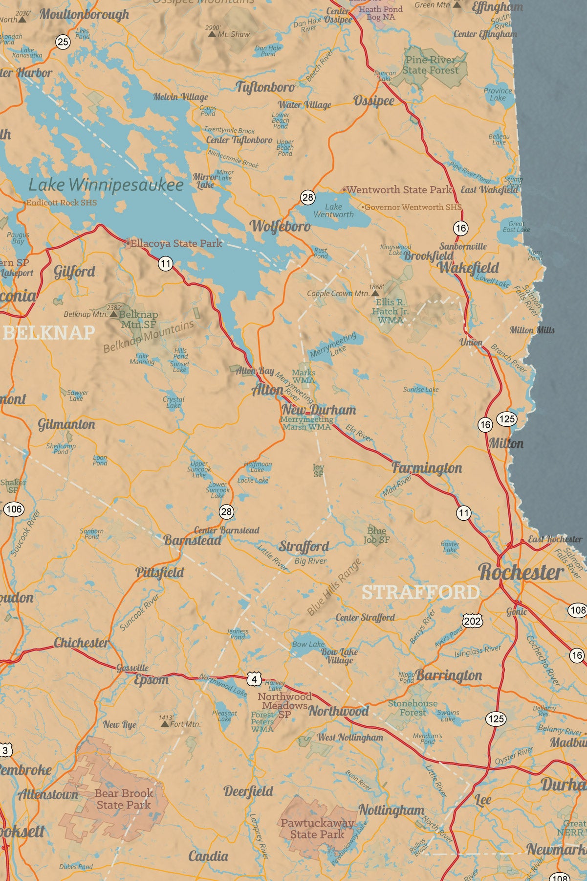 New Hampshire State Wall Map 24x36 Poster - tan & slate blue