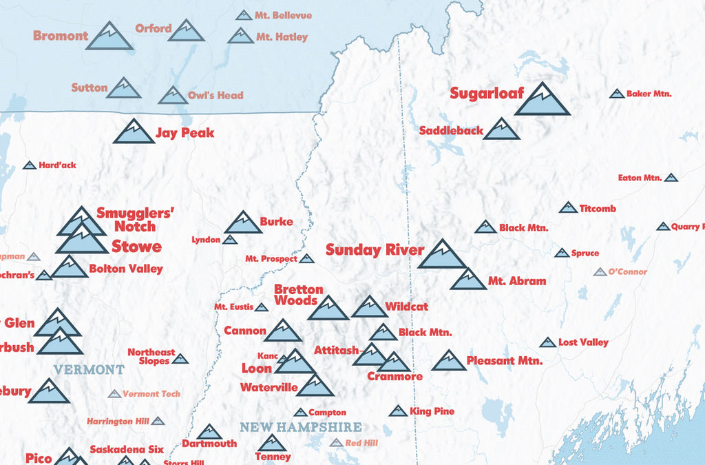 Northeast Ski Areas Resorts Map Poster - white & light blue