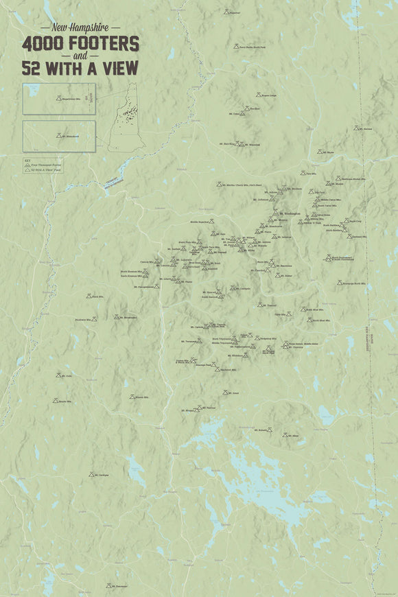 New Hampshire 4000 Footers + '52 With A View' Map 24x36 Poster