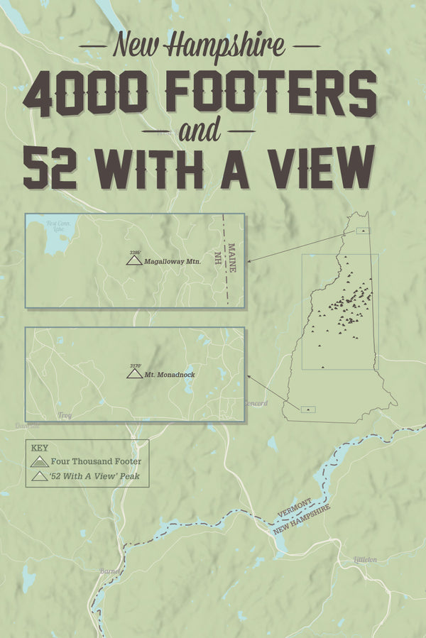 New Hampshire 4000 Footers + '52 With A View' Map 24x36 Poster - Best ...