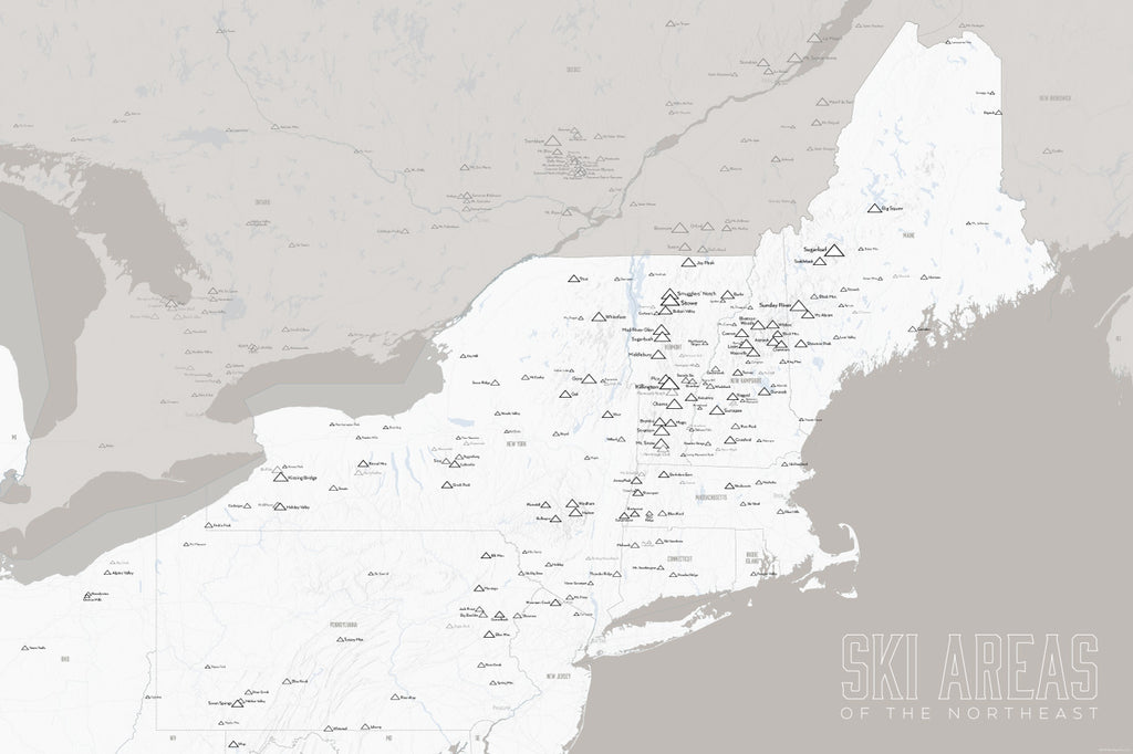 Northeast Ski Areas Resorts Map Poster - white & gray