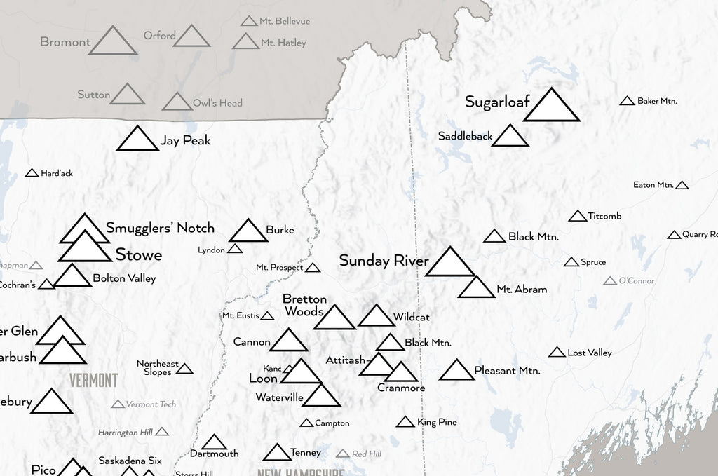 Northeast Ski Areas Resorts Map Poster - white & gray