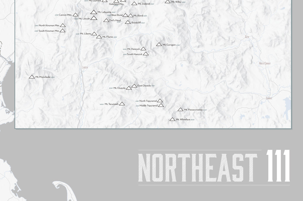 Northeast 111 4000 Footers Map Poster - white & gray