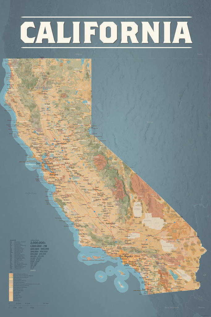 California State Wall Map 24x36 Poster - tan & slate blue
