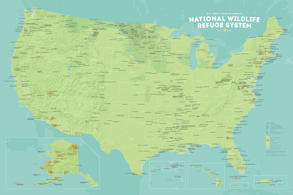 US National Wildlife Refuge System map poster - green & aqua