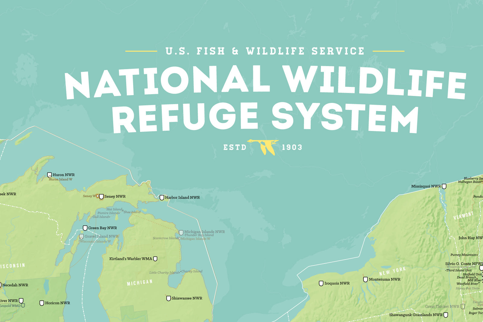 US National Wildlife Refuge System map poster - green & aqua