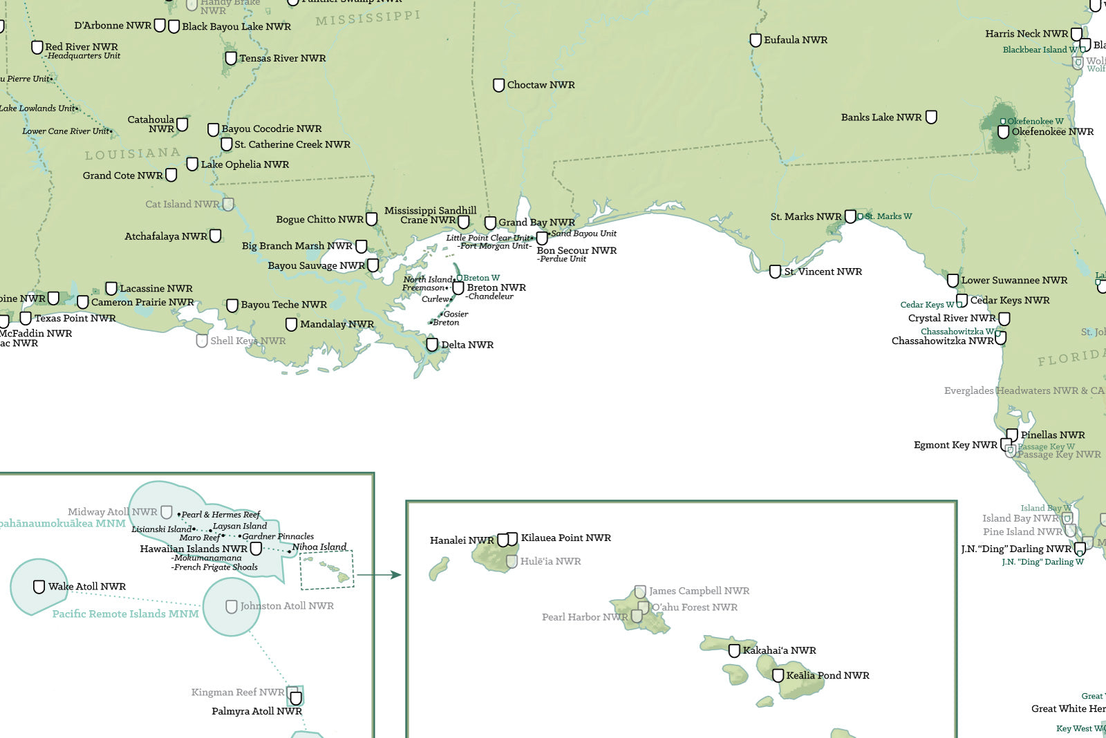 US National Wildlife Refuge System map poster - sage & white