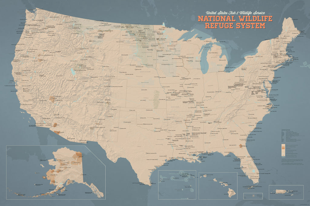 US National Wildlife Refuge System map poster - tan & slate blue