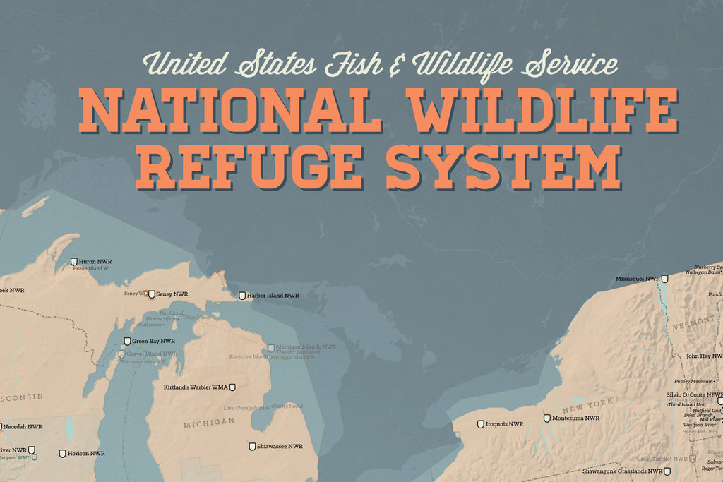 US National Wildlife Refuge System map poster - tan & slate blue