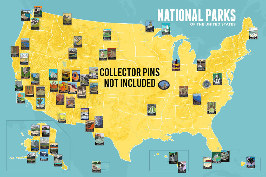 USA National Park Collector Pins map poster - marigold & turquoise