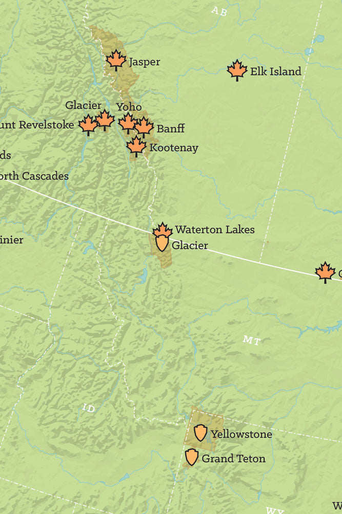 North America National Parks map poster - green & aqua