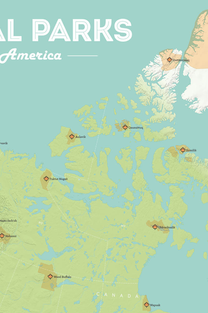 North America National Parks map poster - green & aqua