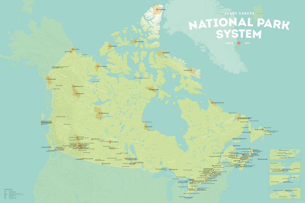 Canada National Park System map poster - green & aqua