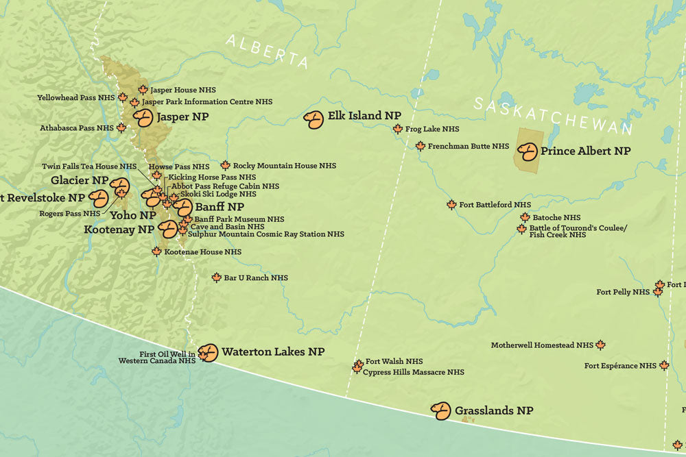 Canada National Park System map poster - green & aqua