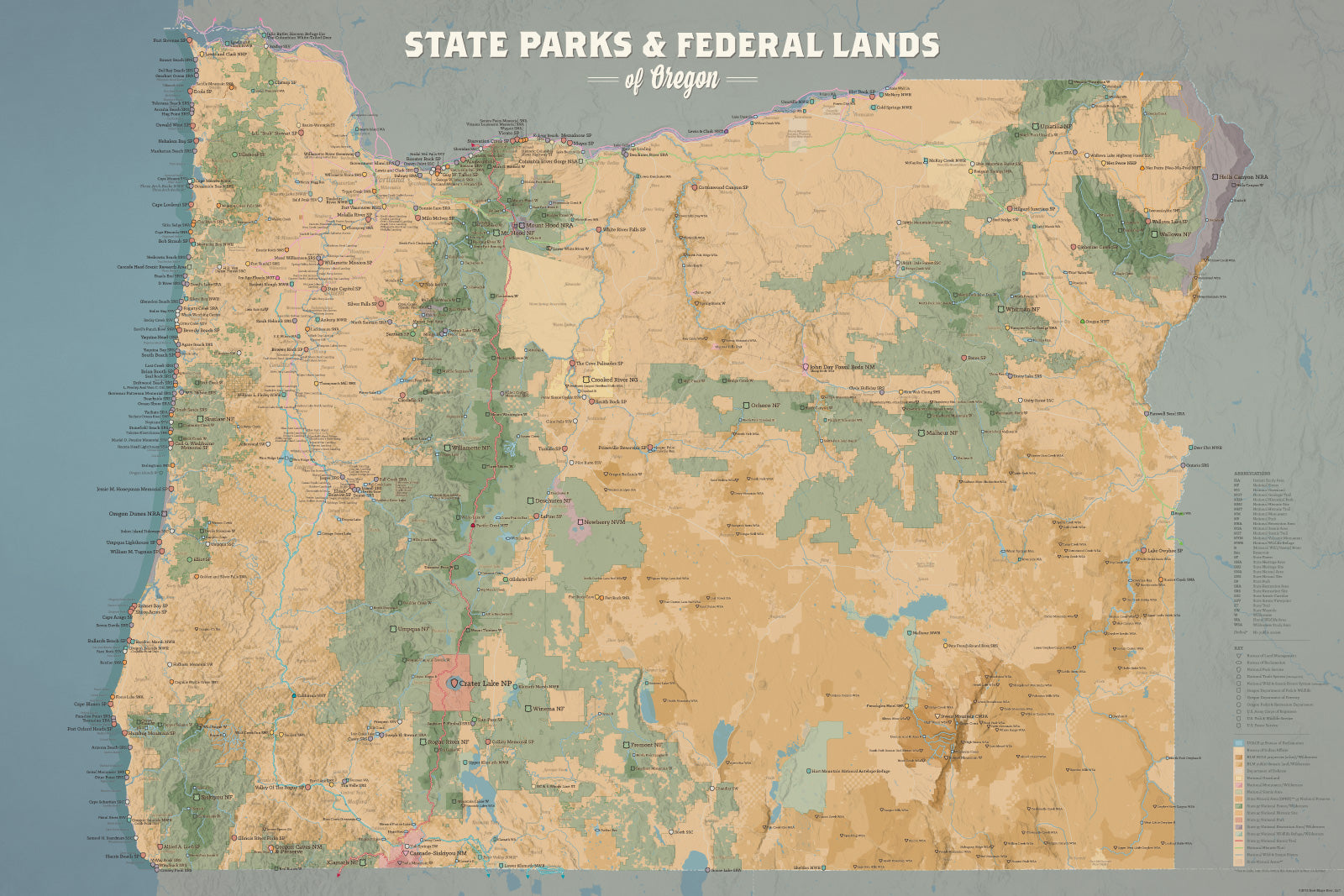 Oregon State Parks & Federal Lands Map Poster - camel & slate blue