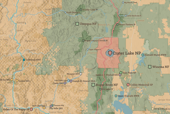 Oregon State Parks & Federal Lands Map Poster - camel & slate blue