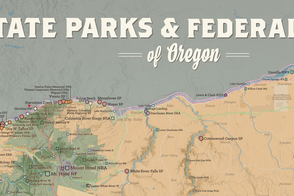 Oregon State Parks & Federal Lands Map Poster - camel & slate blue