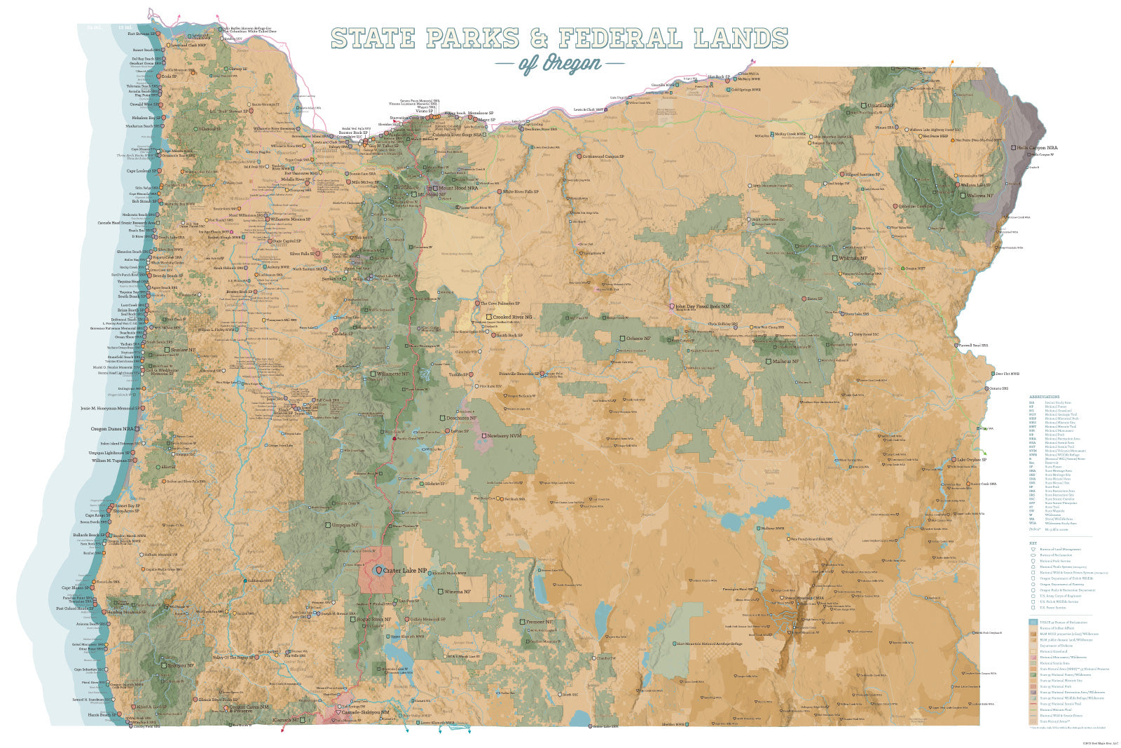 Oregon State Parks & Federal Lands Map Poster - camel & white
