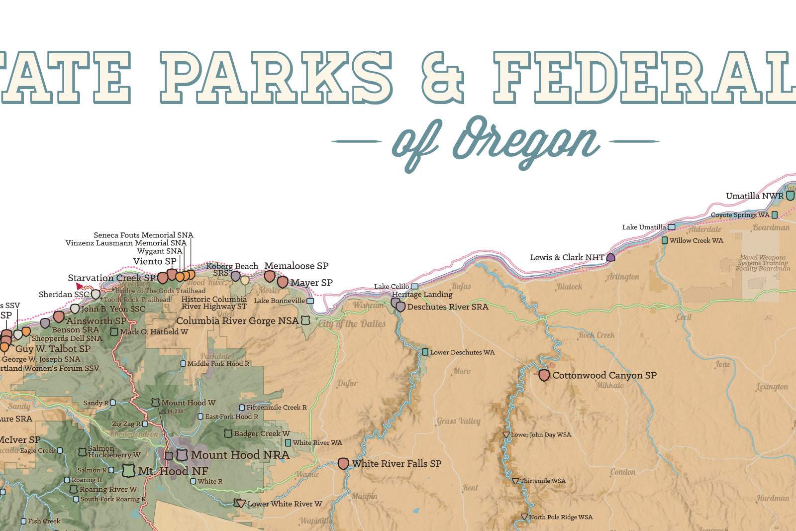 Oregon State Parks & Federal Lands Map Poster - camel & white
