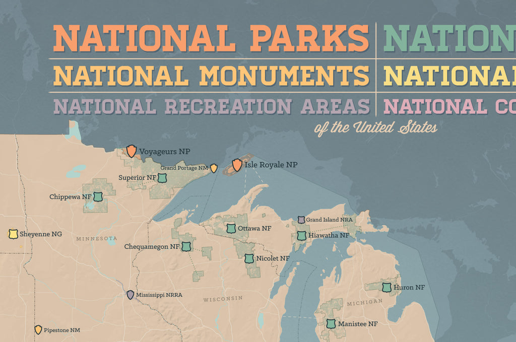 US National Parks, National Monuments & National Forests Map Poster - tan & slate blue