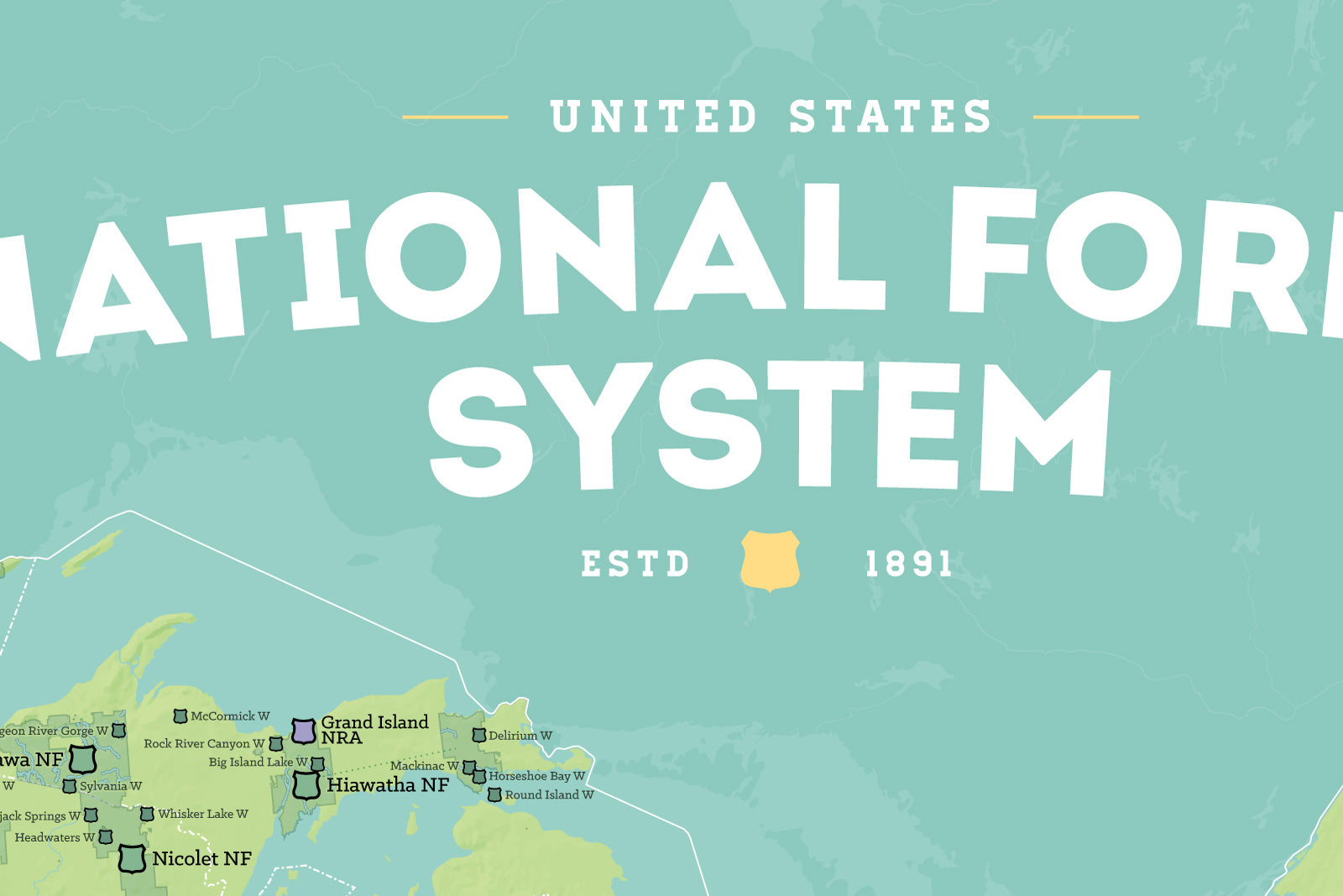 USA National Forest System Map Poster - green & aqua