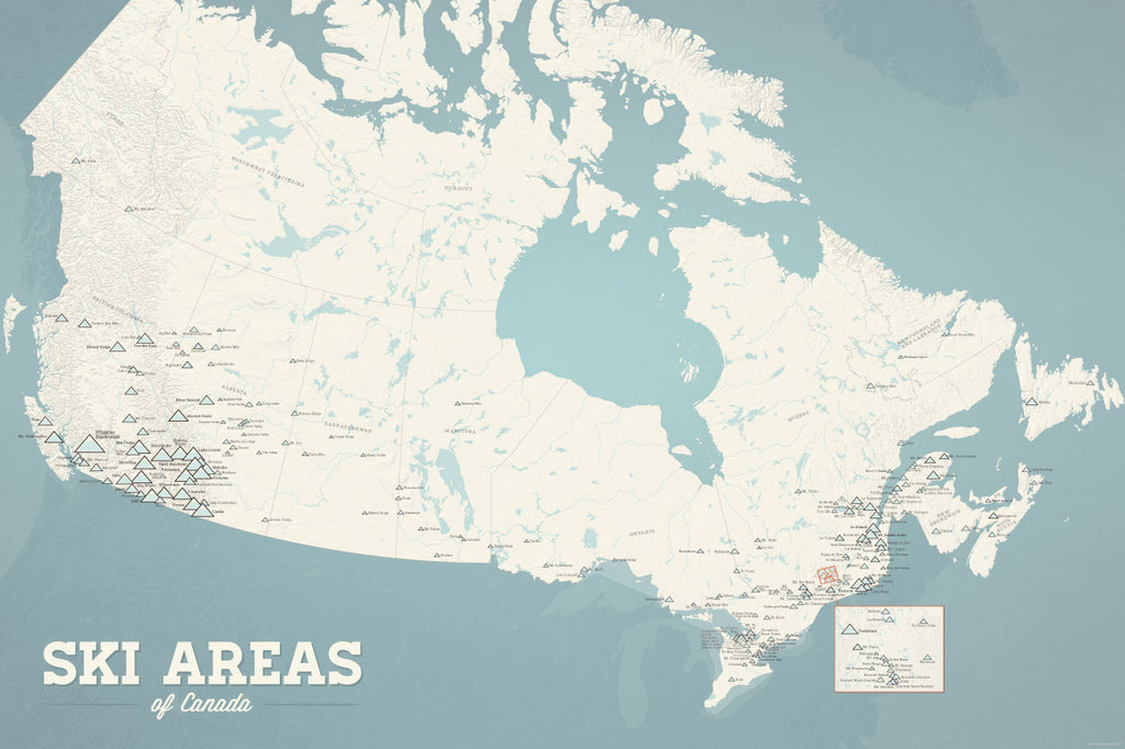 Canada Ski Areas Resorts Map Poster - beige & opal blue
