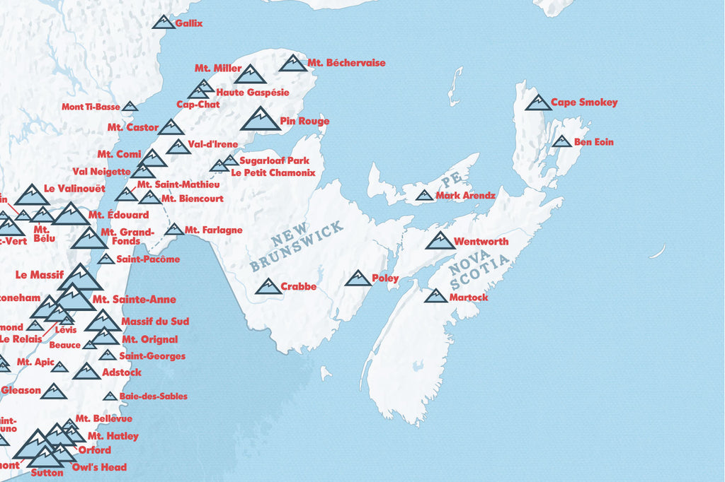 Canada Ski Areas Resorts Map Poster - white & light blue