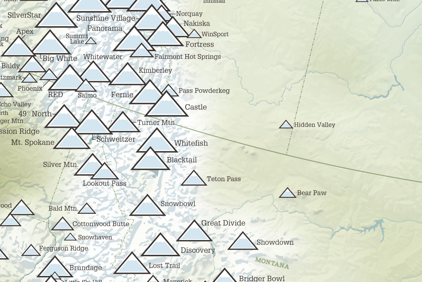 North America Ski Areas Resorts map poster - natural earth