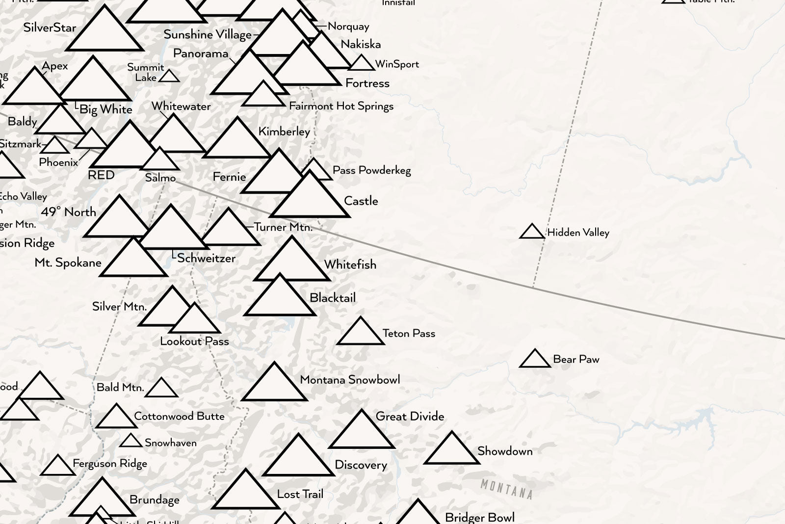 North America Ski Areas Resorts map poster - white & gray
