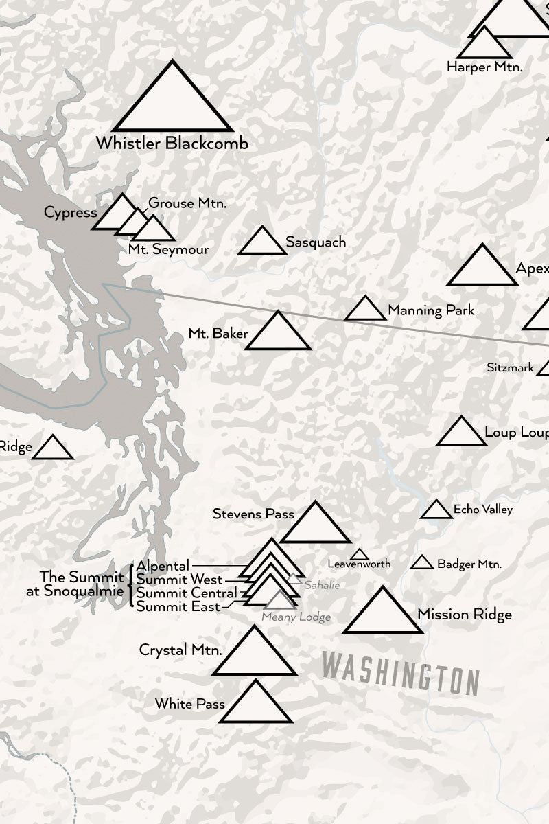 Western Ski Areas Resorts of the West Map Poster - white & gray
