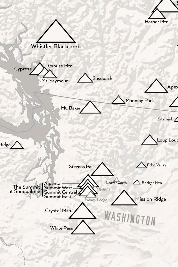 Western Ski Areas Resorts of the West Map Poster - white & gray