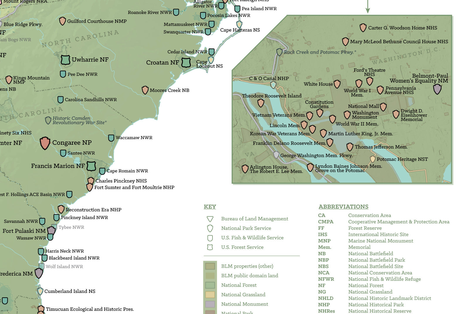 NPS x USFS x BLM x FWS Interagency Map Poster - army green & white