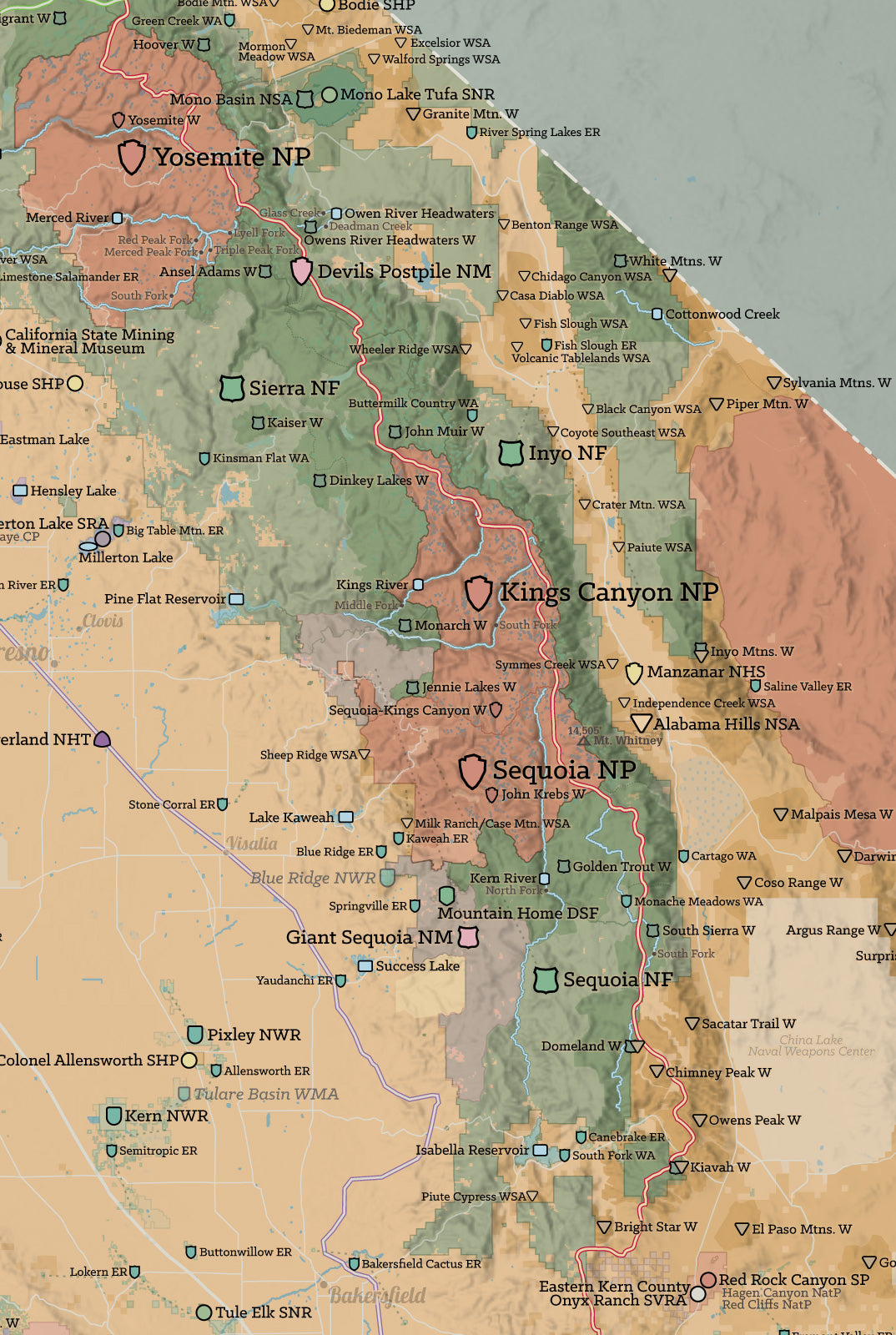 California State Parks & Federal Land Map Poster - camel & slate blue