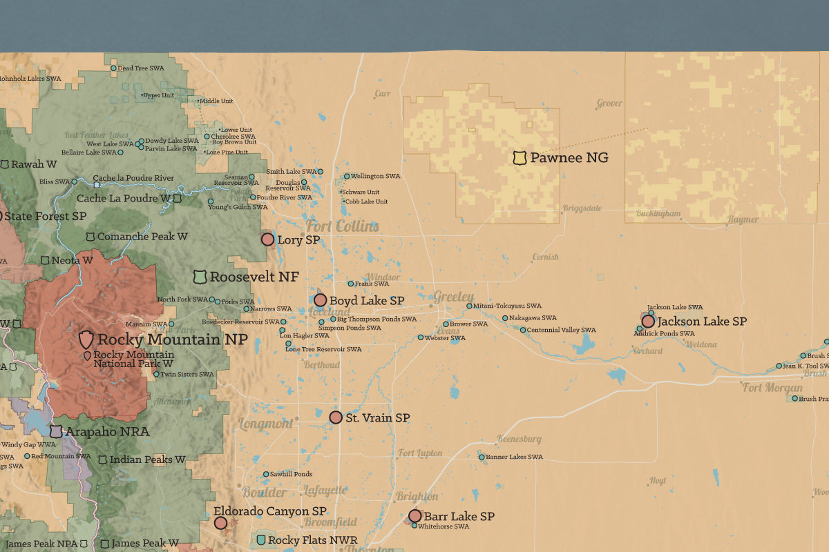 Colorado State Parks & Federal Lands map poster - camel & slate blue