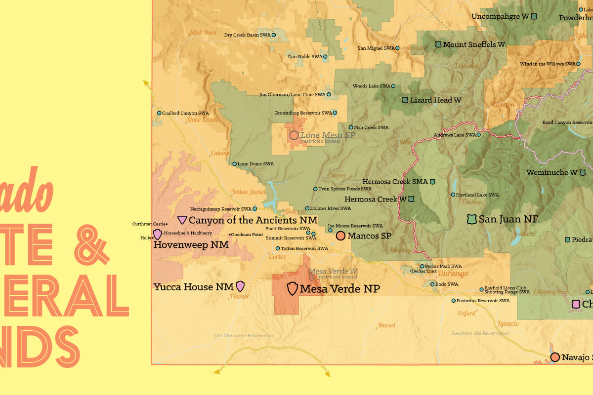 Colorado State Parks & Federal Lands map poster - cream & yellow