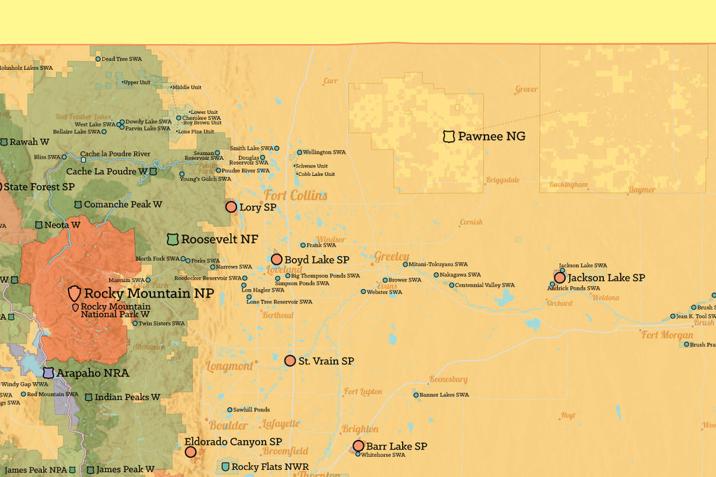 Colorado State Parks & Federal Lands map poster - cream & yellow