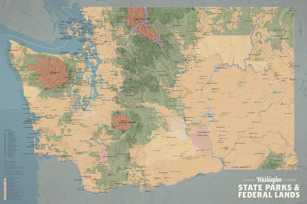Washington State Parks & Federal Lands Map Poster - camel & slate blue