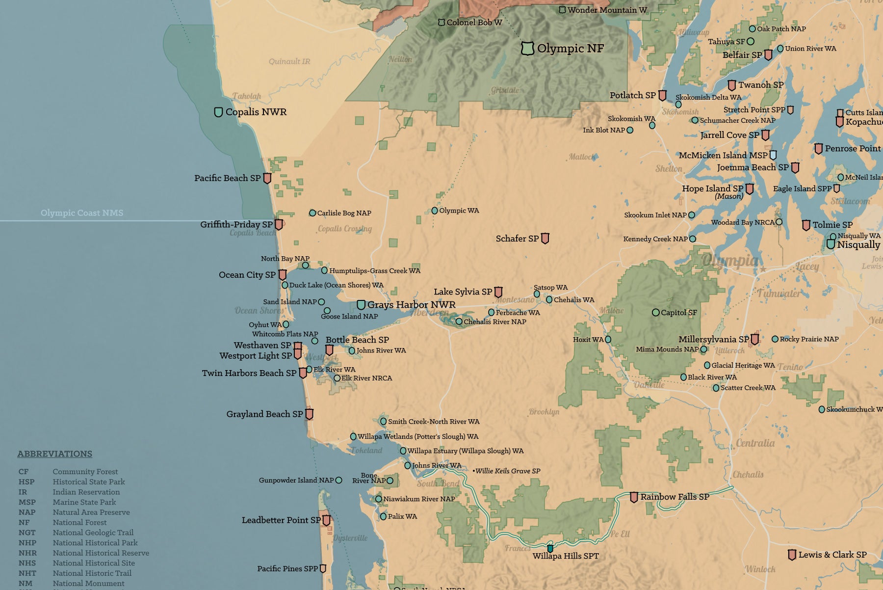 Washington State Parks & Federal Lands Map Poster - camel & slate blue