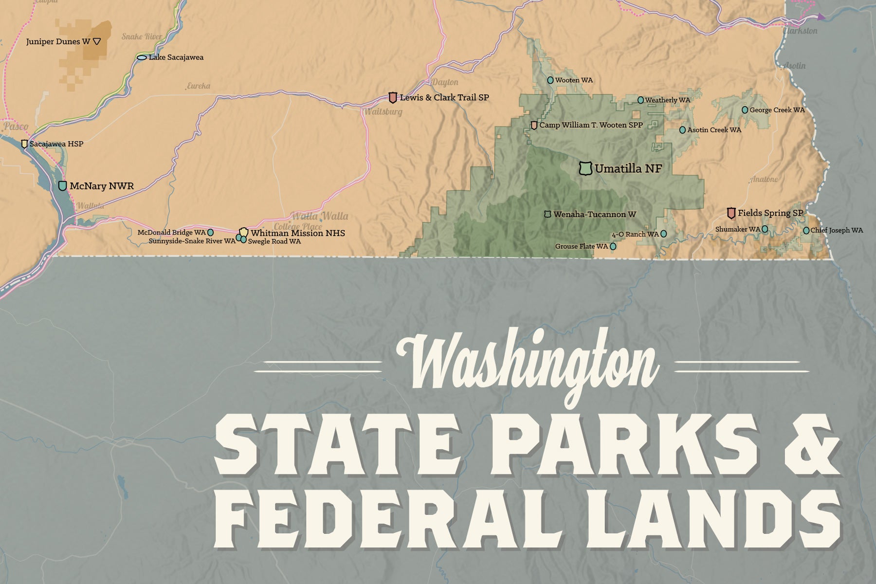 Washington State Parks & Federal Lands Map Poster - camel & slate blue