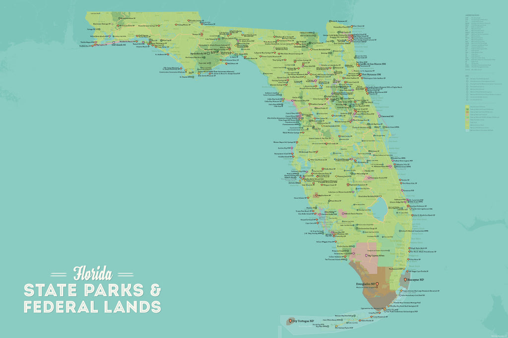 Florida State Parks & Federal Lands Map Poster - green & aqua