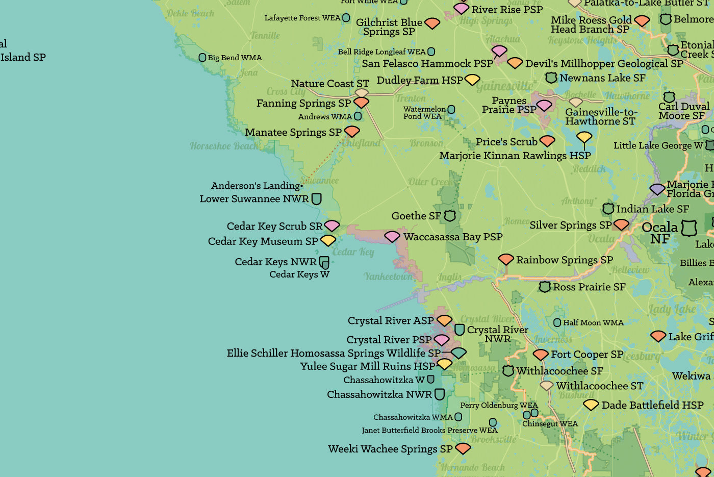 Florida State Parks & Federal Lands Map Poster - green & aqua