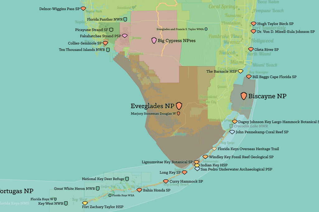 Florida State Parks & Federal Lands Map Poster - green & aqua
