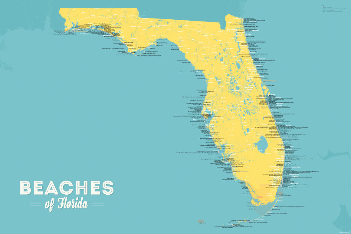 Florida Beaches Map Poster - marigold & turquoise