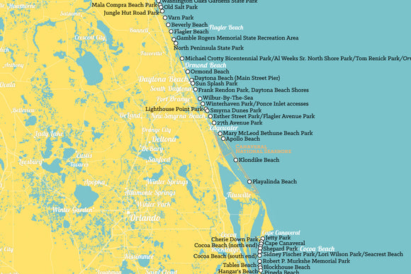 Florida Beaches Map Poster - marigold & turquoise